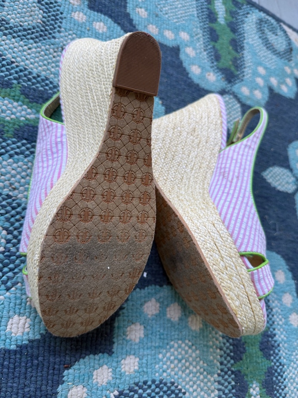 Lilly Pulitzer Pink Striped Espadrille Wedges with Lime Trim - Picture 4 of 5